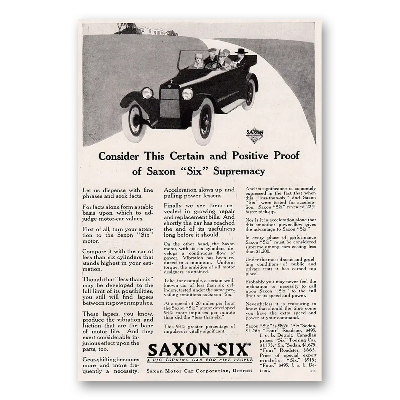 1917 Saxon Six Consider This Certain and Positive Proof Vintage Magazine Print Ad