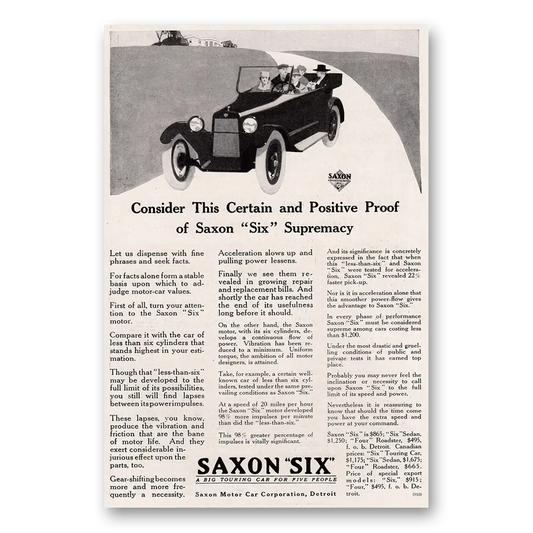 1917 Saxon Six Consider This Certain and Positive Proof Vintage Magazine Print Ad