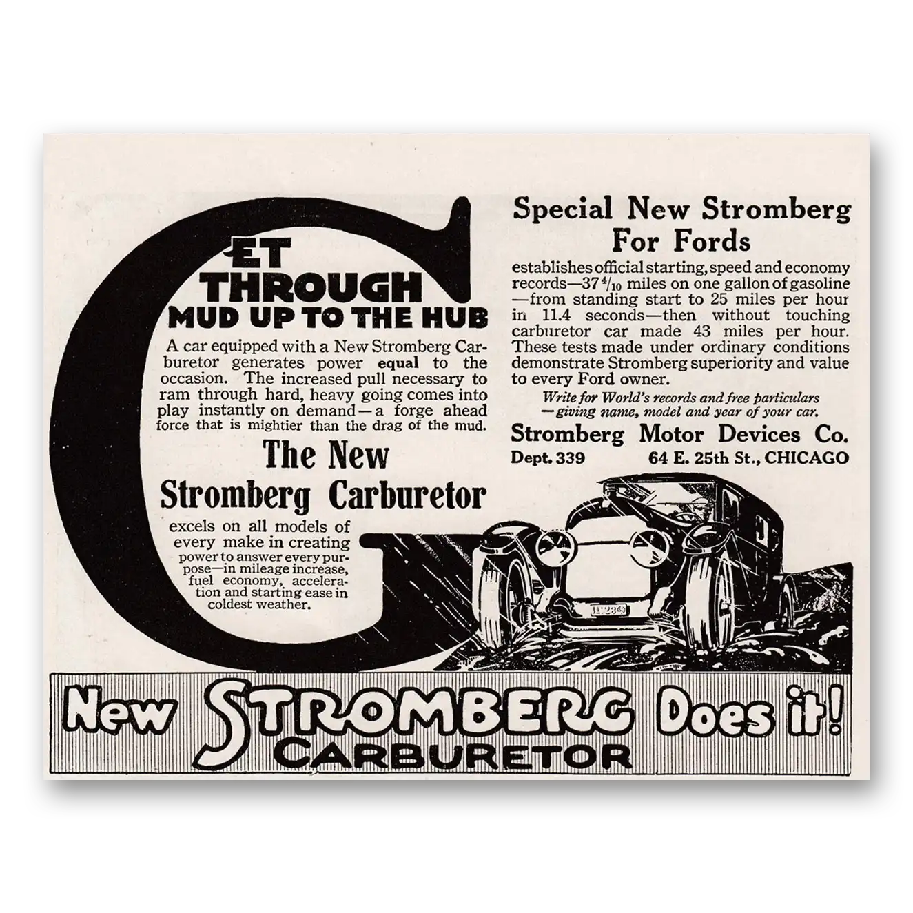 1917 Stromberg Motor Devices Carburetor Get Through Mud Up to the Hub Ford Vintage Magazine Print Ad