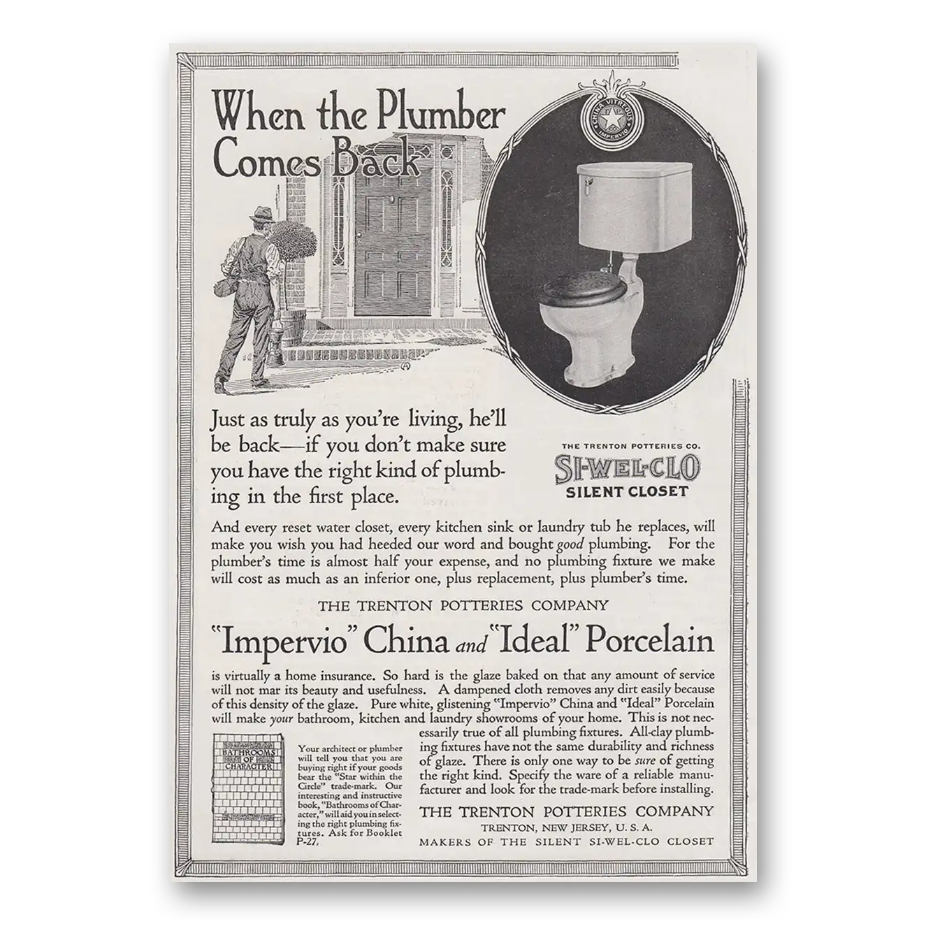 1917 Trenton Potteries When the Plumber Comes Back Vintage Magazine Print Ad