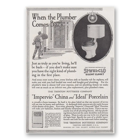 1917 Trenton Potteries When the Plumber Comes Back Vintage Magazine Print Ad