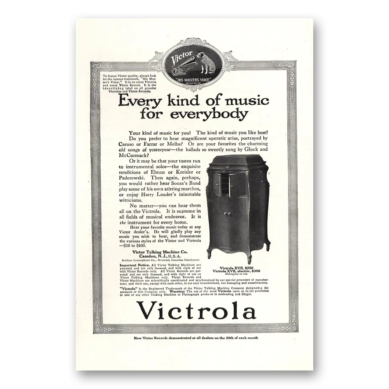 1917 Victrola Every Kind of Music For Everybody Vintage Magazine Print Ad