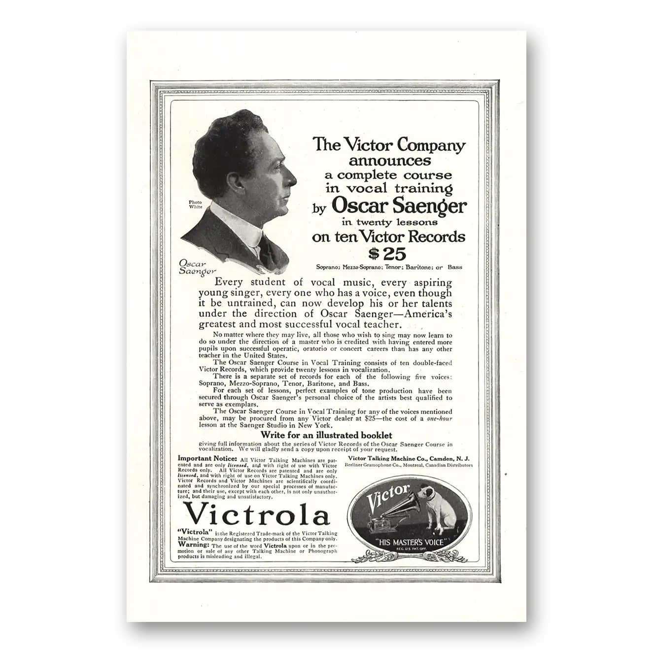 1917 Victrola Oscar Saenger Victor Records Vintage Magazine Print Ad