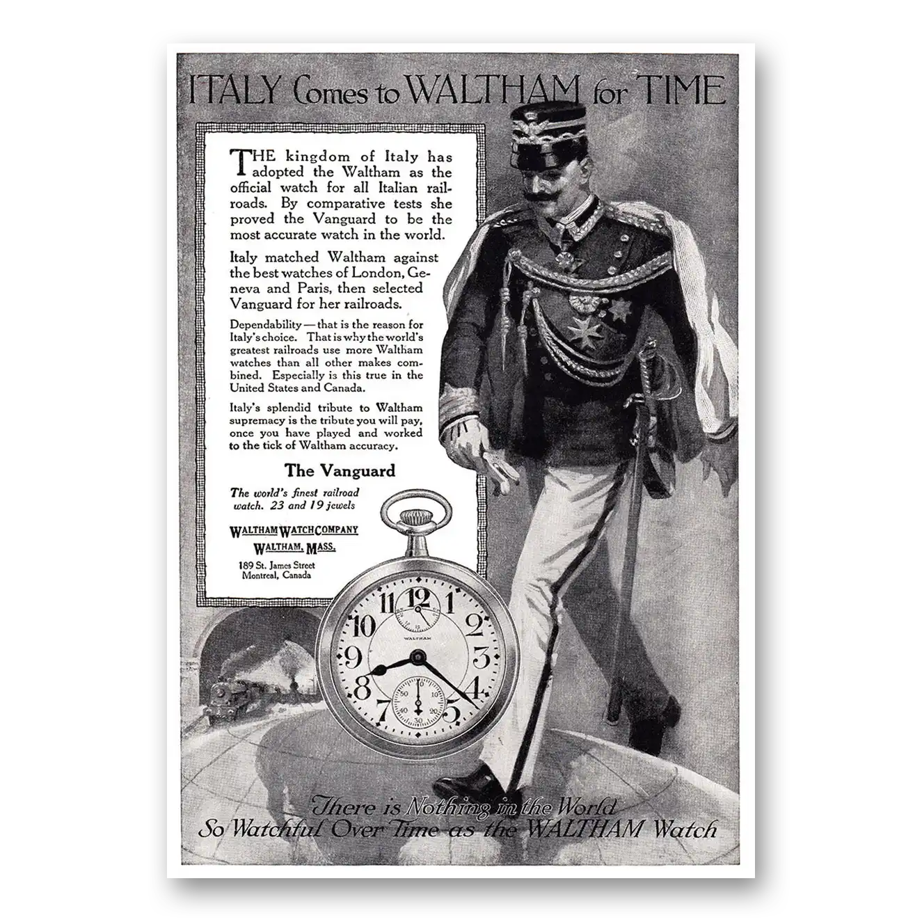 1917 Waltham Watch Italy Comes to Waltham for Time The Vanguard Vintage Magazine Print Ad