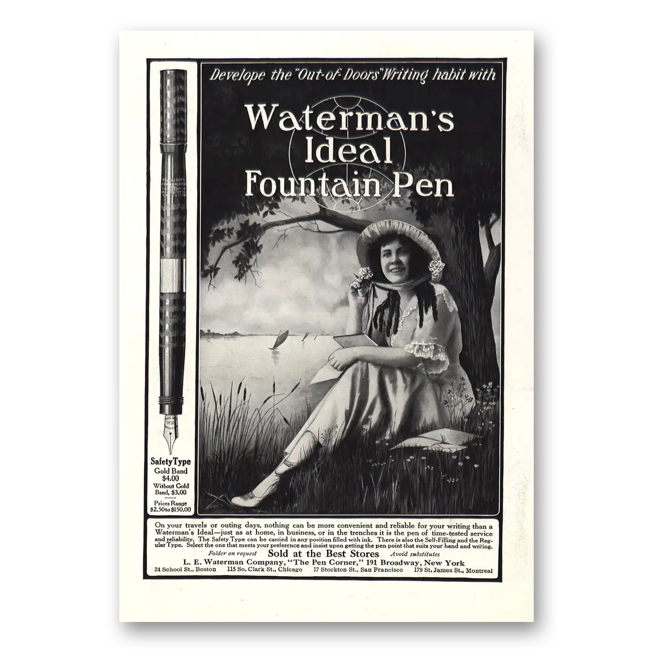 1917 Watermans Ideal Fountain Pen Out of Doors Writing Habit Vintage Magazine Print Ad