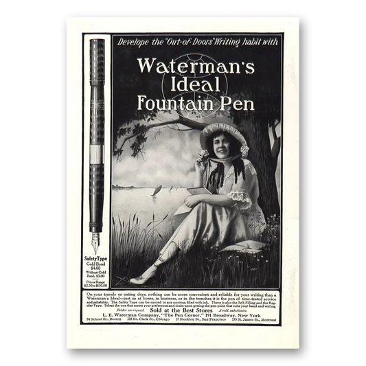 1917 Watermans Ideal Fountain Pen Out of Doors Writing Habit Vintage Magazine Print Ad