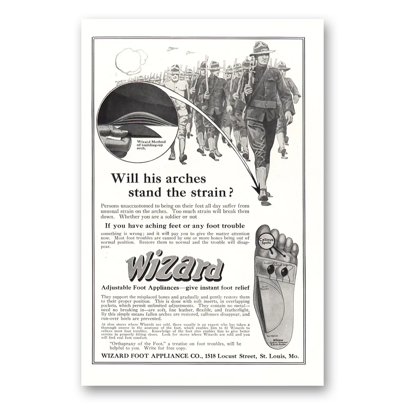 1917 Wizard Foot Appliance Will His Arches Stand the Strain Vintage Magazine Print Ad