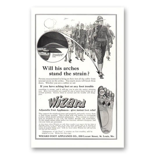 1917 Wizard Foot Appliance Will His Arches Stand the Strain Vintage Magazine Print Ad