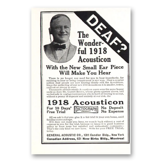 1918 Acousticon Hearing Aid Small Ear Piece Will Make You Hear Vintage Magazine Print Ad