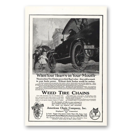 1918 American Chain Company Weed Tire Chains Hearts In Your Mouth Vintage Magazine Print Ad