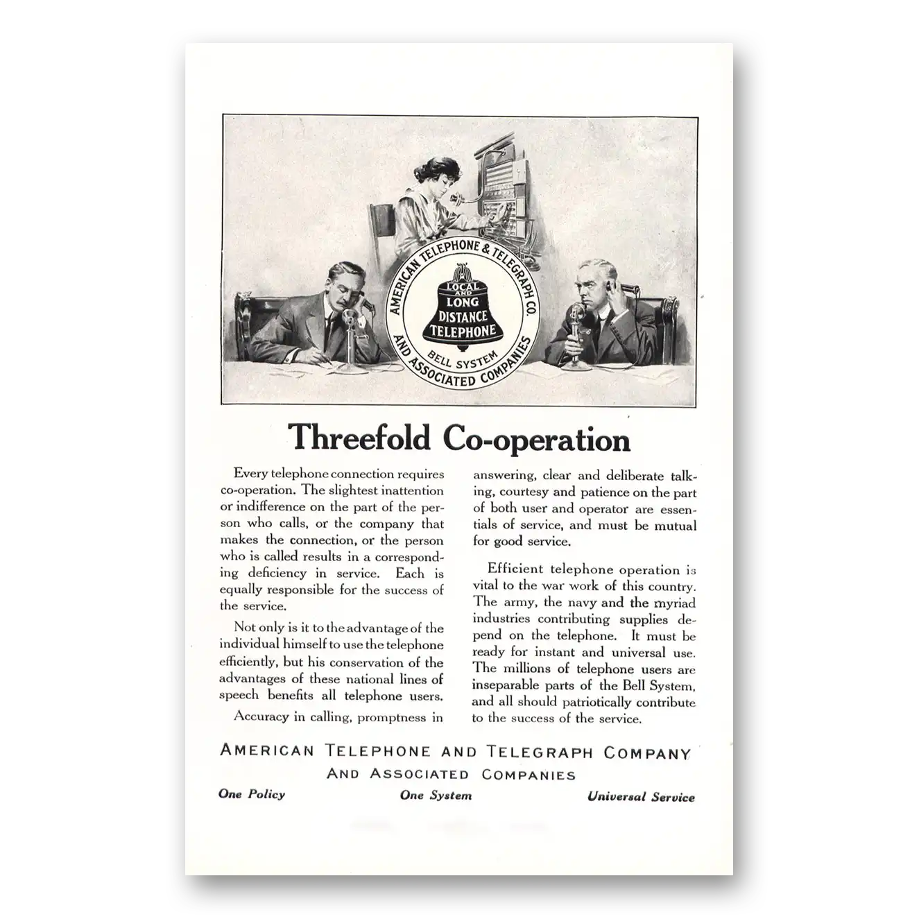 1918 American Telephone Threefold Cooperation Vintage Magazine Print Ad