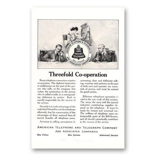 1918 American Telephone Threefold Cooperation Vintage Magazine Print Ad