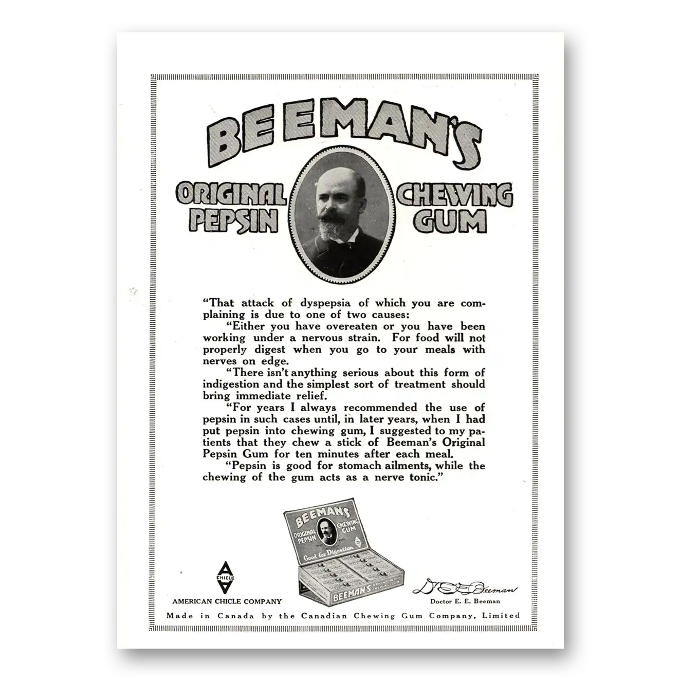 1918 Beemans Chewing Gum Original Pepsin Chewing Gum Vintage Magazine Print Ad