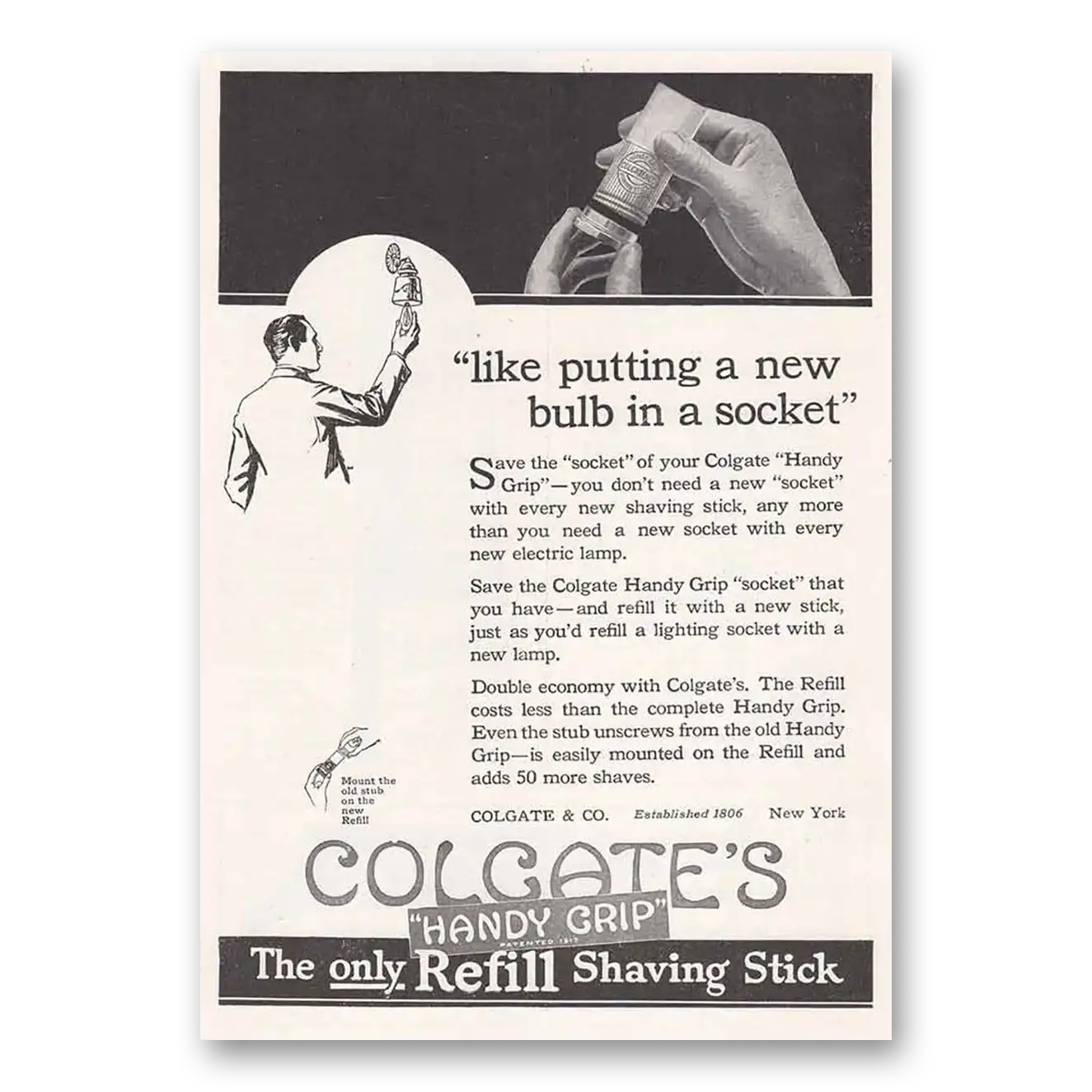 1918 Colgate Shaving Stick New Bulb in a Socket Vintage Magazine Print Ad