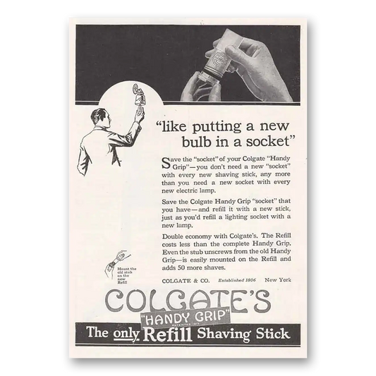 1918 Colgate Shaving Stick New Bulb in a Socket Vintage Magazine Print Ad