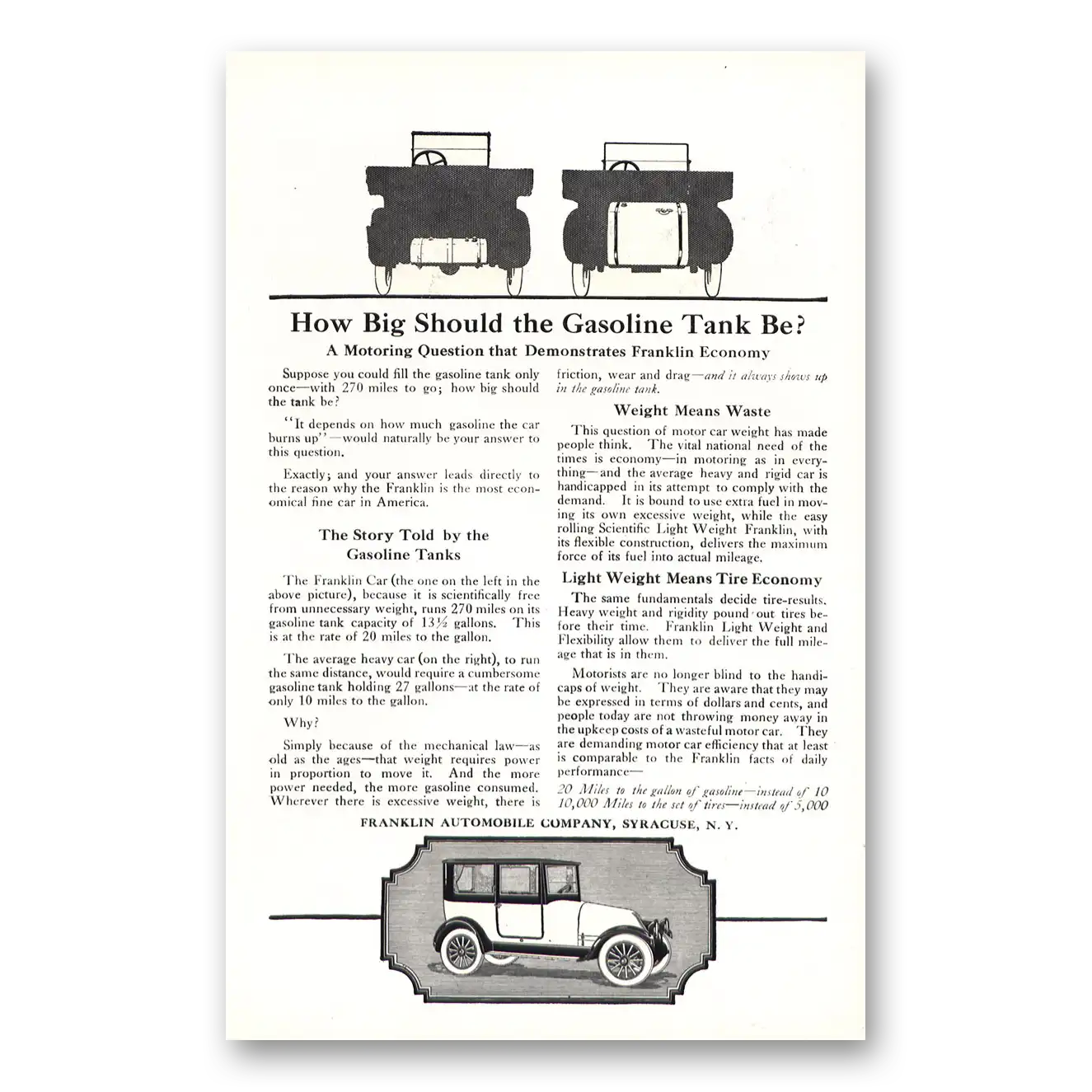 1918 Franklin Automobile How Big Should Gasoline Tank Be Vintage Magazine Print Ad