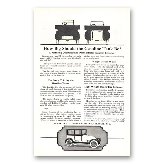 1918 Franklin Automobile How Big Should Gasoline Tank Be Vintage Magazine Print Ad