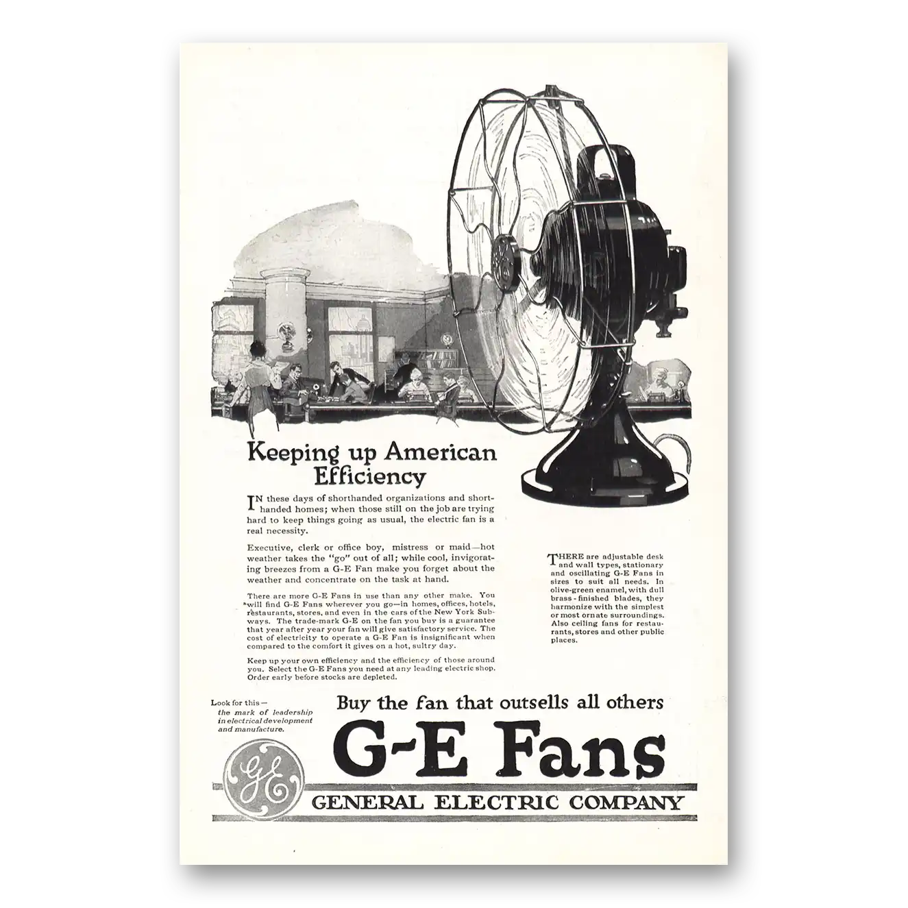 1918 General Electric Fans Keeping Up American Efficiency Vintage Magazine Print Ad