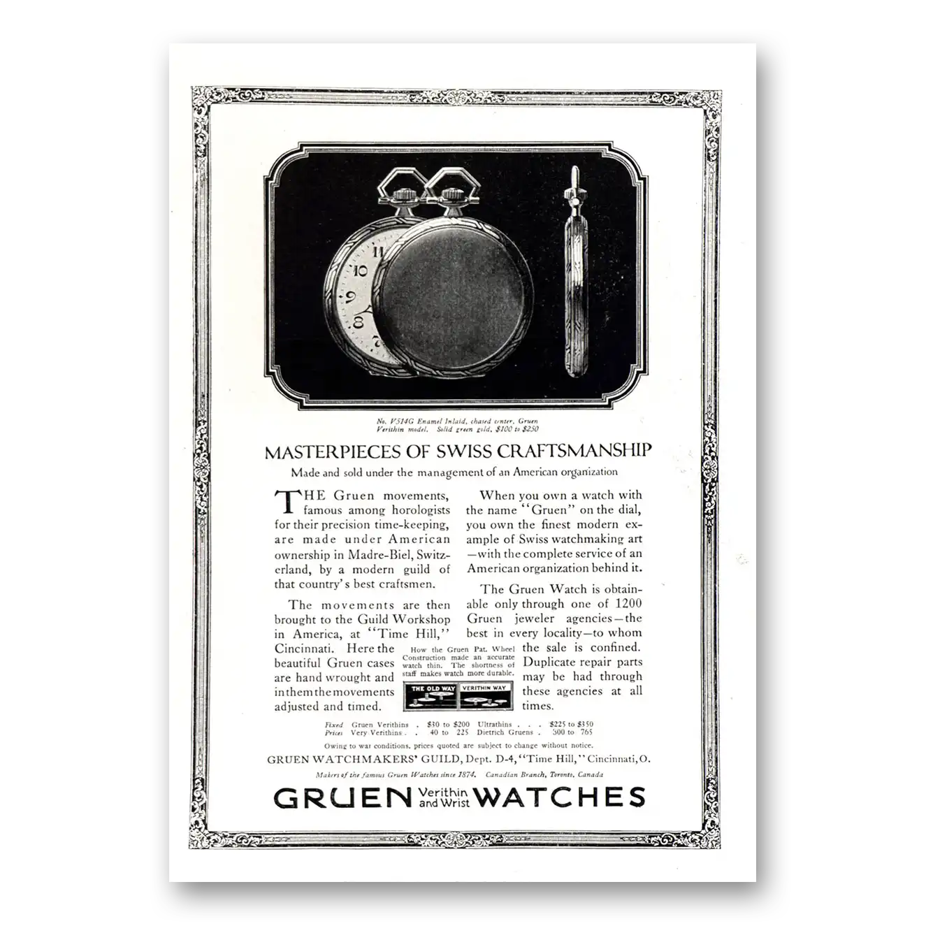 1918 Gruen Pocket Watch Masterpieces of Swiss Craftsmanship Vintage Magazine Print Ad