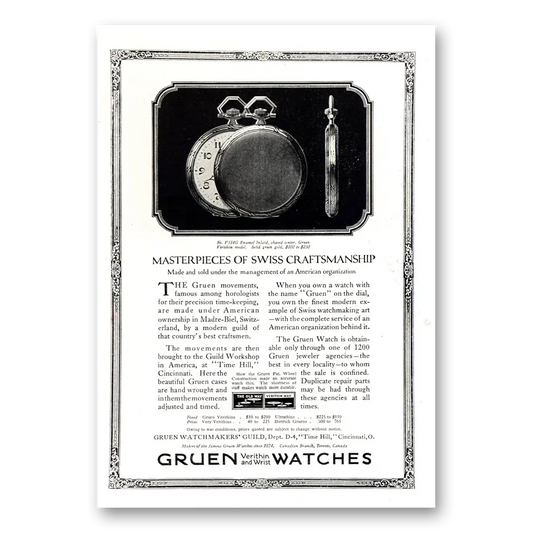 1918 Gruen Pocket Watch Masterpieces of Swiss Craftsmanship Vintage Magazine Print Ad