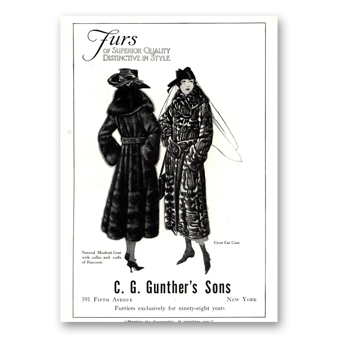 1918 C G Gunther's Sons Muskrat Coat Civet Cat Coat Vintage Magazine Print Ad