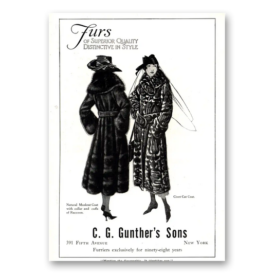 1918 C G Gunther's Sons Muskrat Coat Civet Cat Coat Vintage Magazine Print Ad