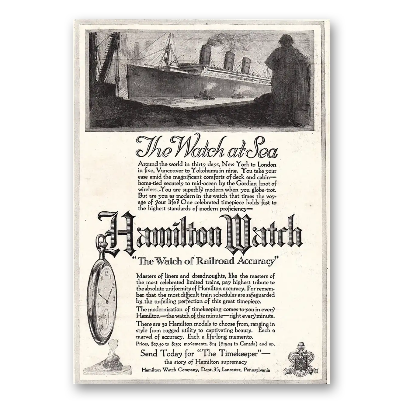 1918 Hamilton Watch at Sea Vintage Magazine Print Ad