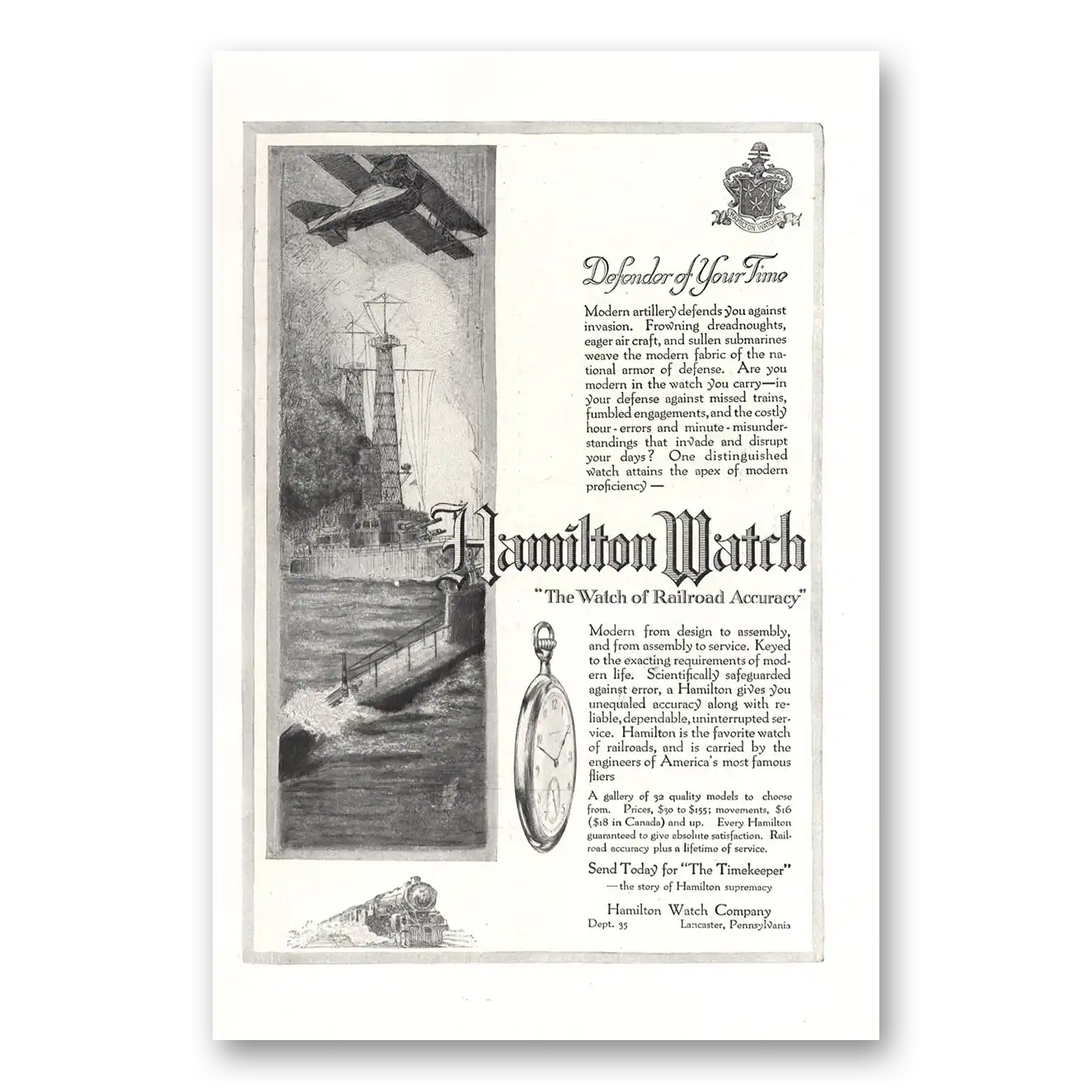 1918 Hamilton Watch Defender of Your Time Vintage Magazine Print Ad