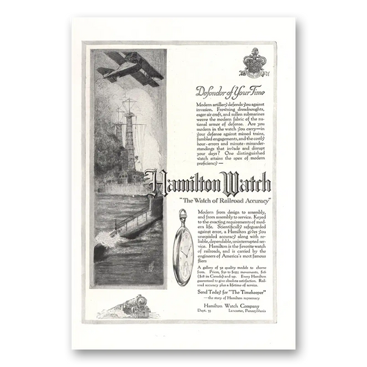 1918 Hamilton Watch Defender of Your Time Vintage Magazine Print Ad