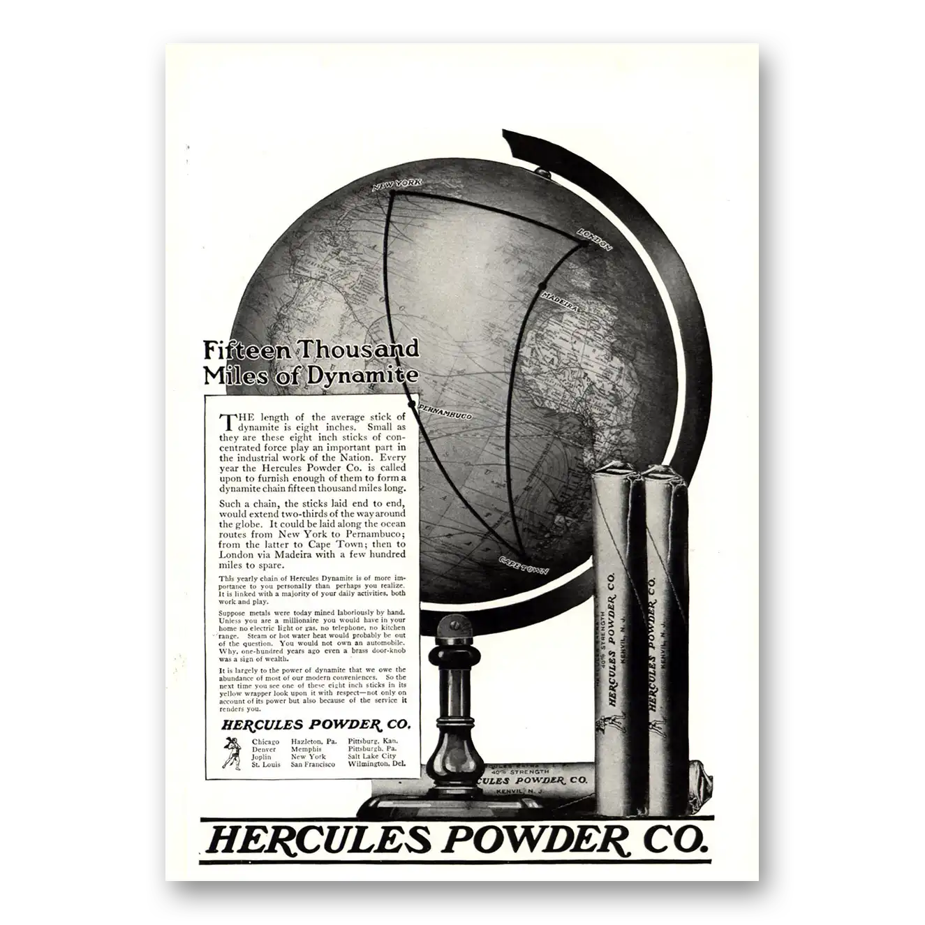 1918 Hercules Powder Fifteen Thousand Miles of Dynamite Vintage Magazine Print Ad