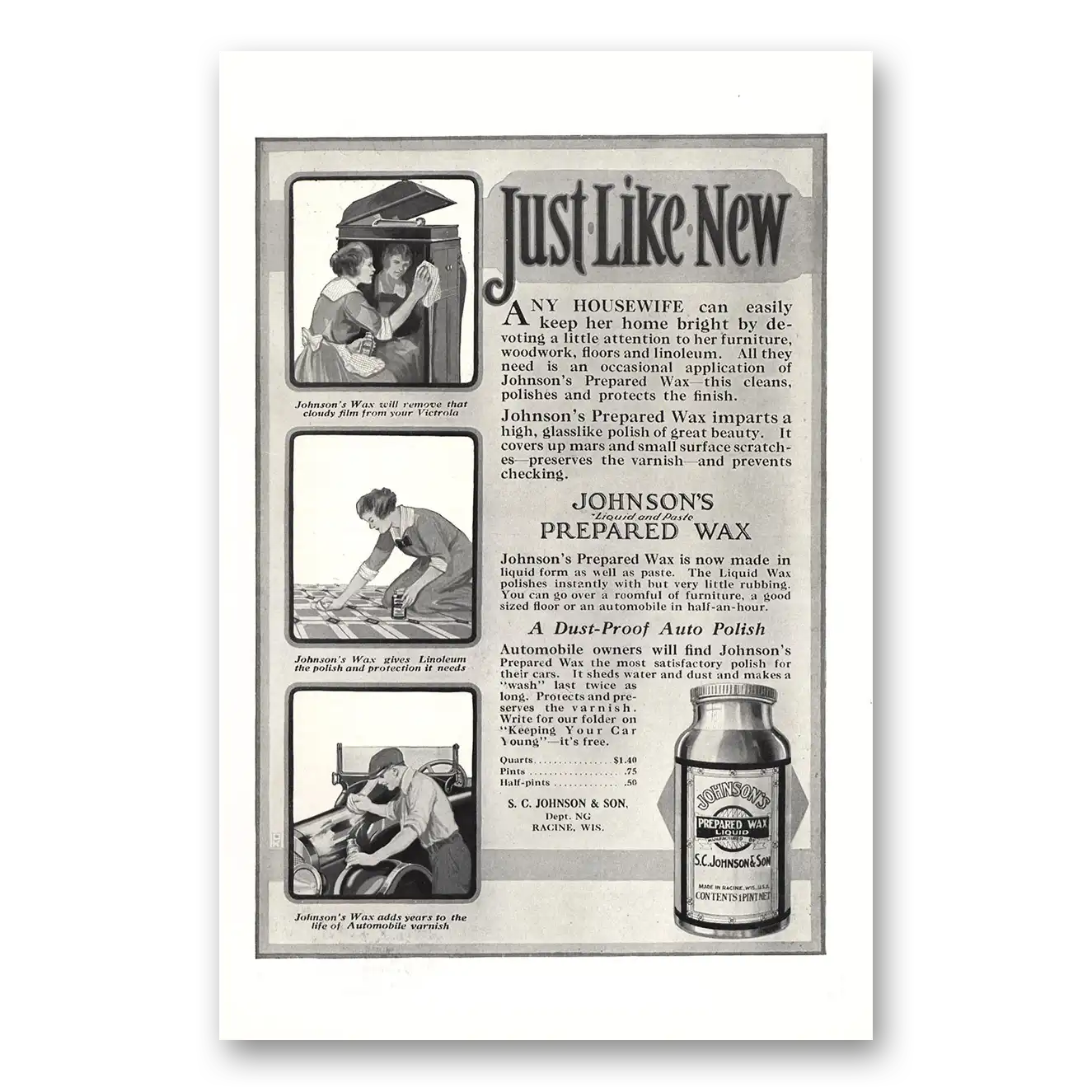 1918 Johnson & Sons Wax Any Housewife Keep Her Home Bright Vintage Magazine Print Ad