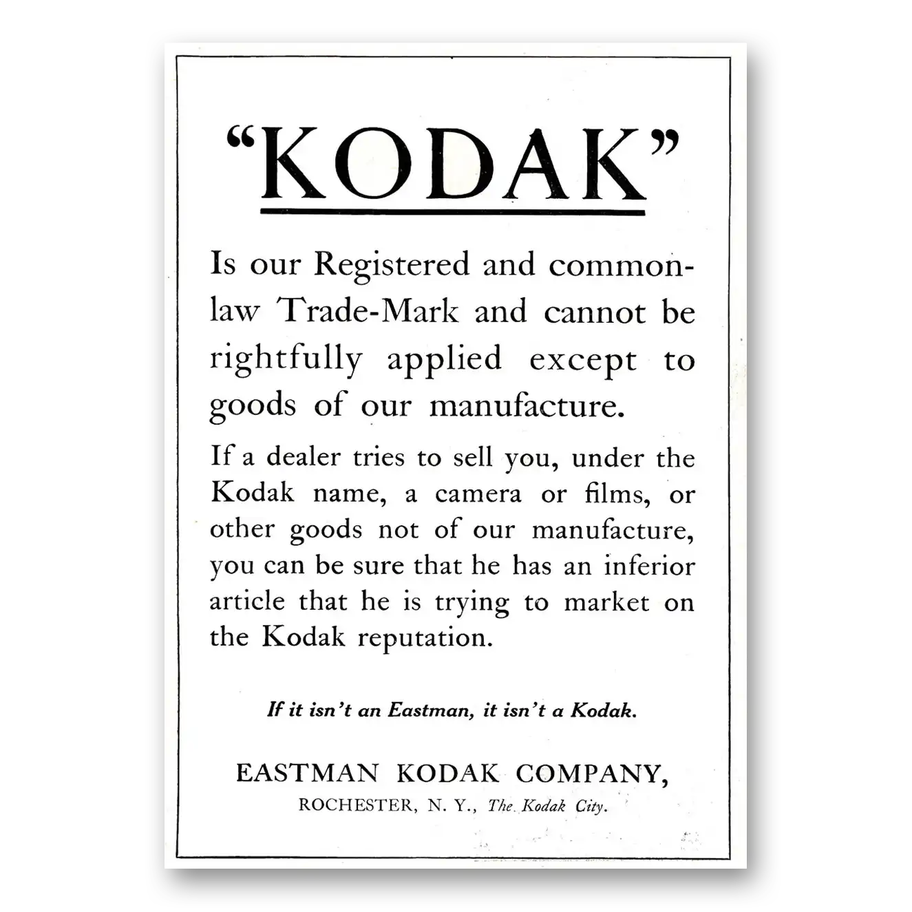 1918 Kodak Registered and Common Law Trade Mark Vintage Magazine Print Ad