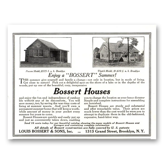 1918 Louis Bossert & Sons Pocono Thatch Models Vintage Magazine Print Ad