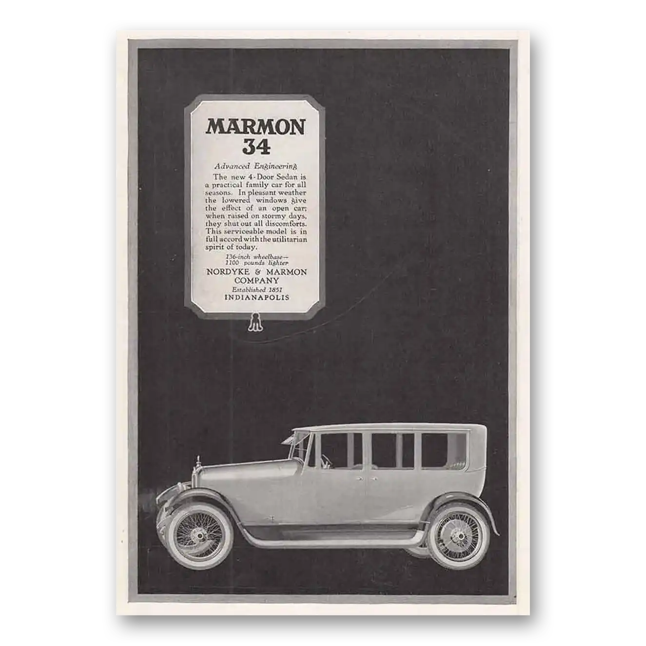 1918 Marmon 34 Advanced Engineering Vintage Magazine Print Ad