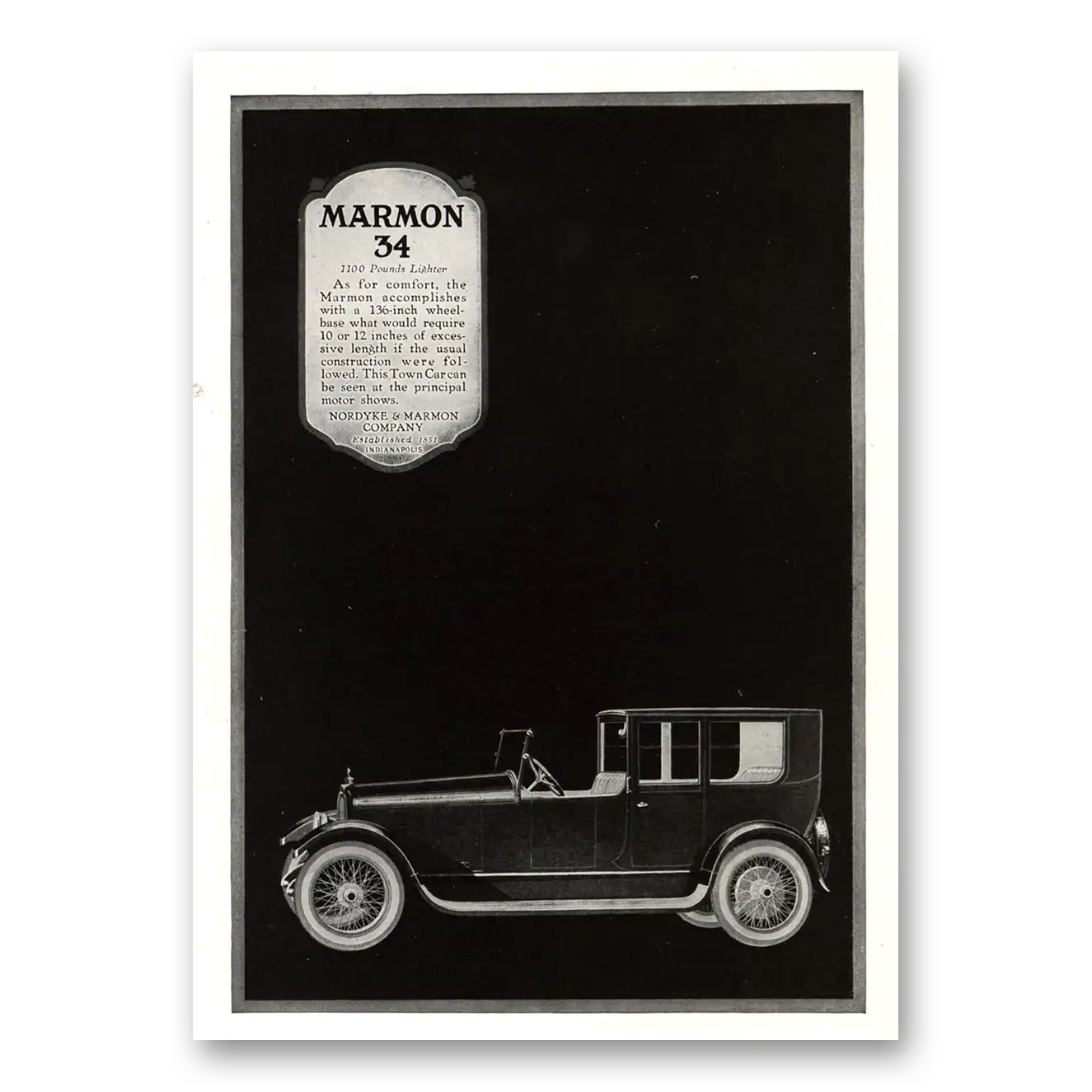 1918 Marmon 34 136 Inch Wheel Base Vintage Magazine Print Ad