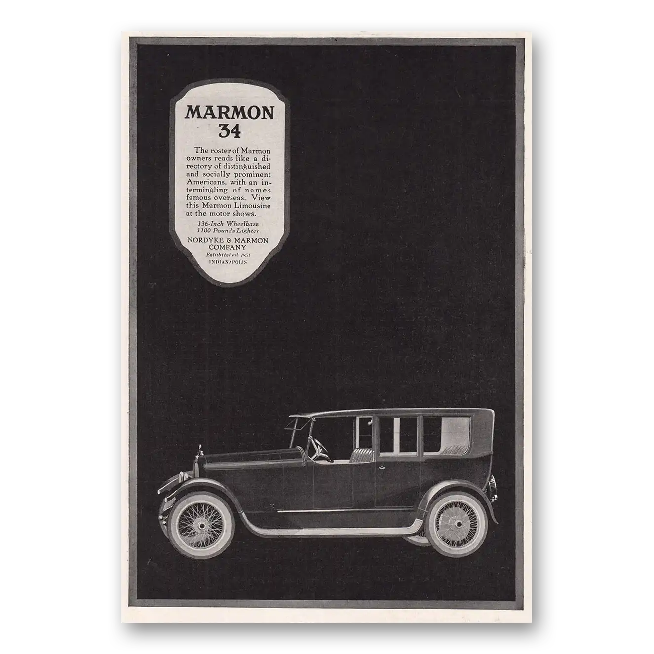 1918 Marmon 34 Roster of Marmon Owners Vintage Magazine Print Ad