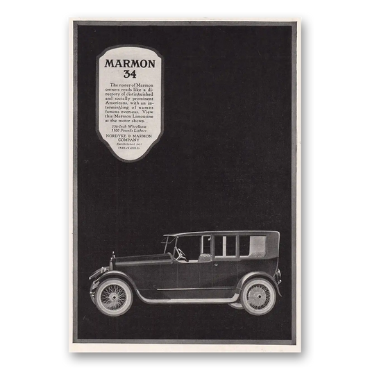 1918 Marmon 34 Roster of Marmon Owners Vintage Magazine Print Ad