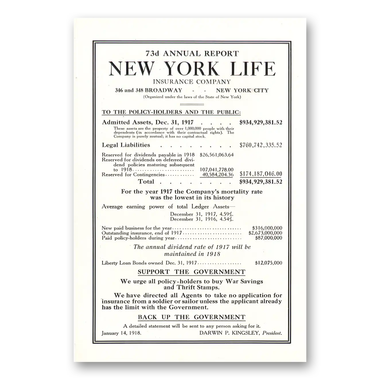 1918 New York Life Insurance 73d Annual Report Vintage Magazine Print Ad