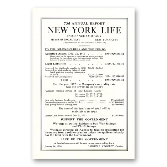 1918 New York Life Insurance 73d Annual Report Vintage Magazine Print Ad