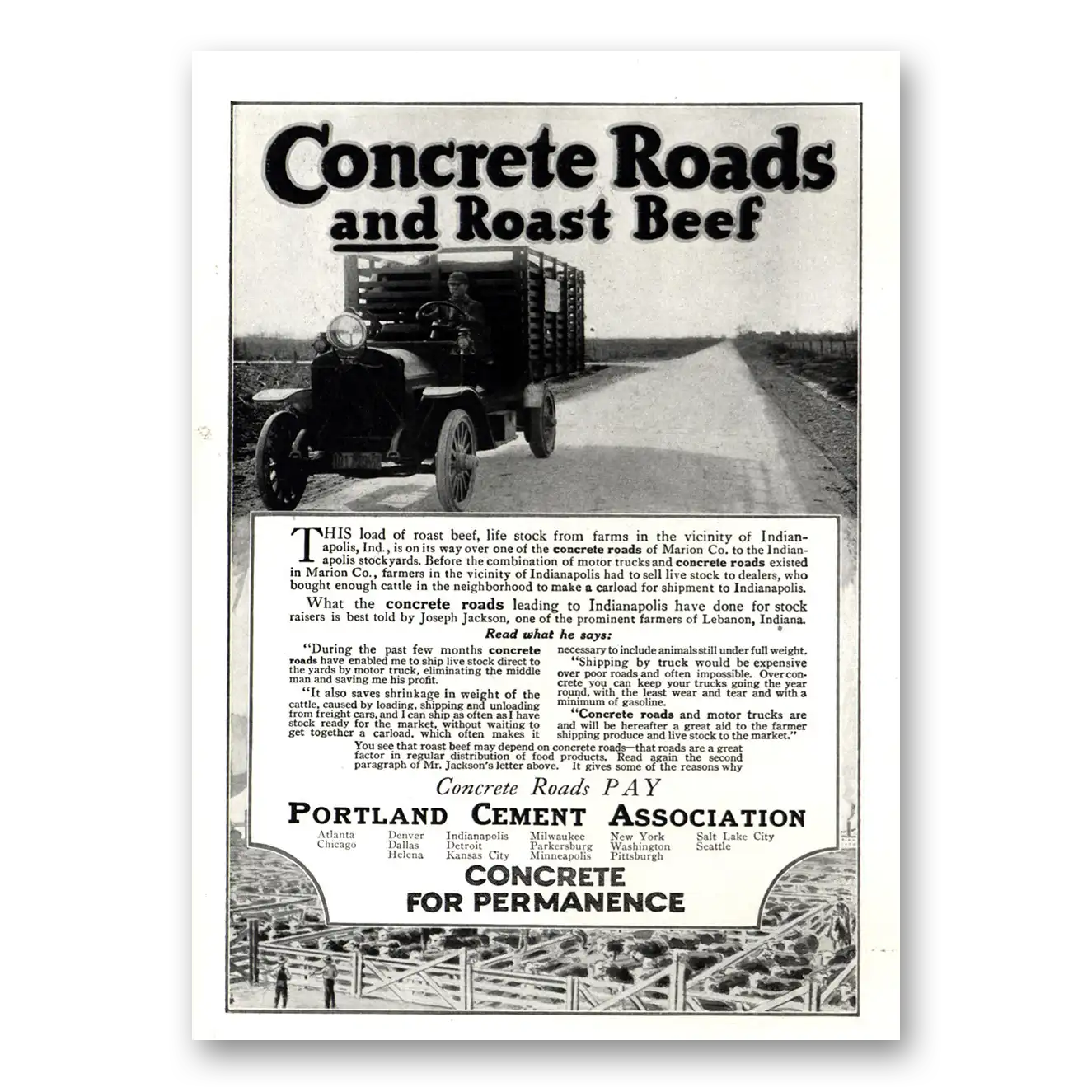 1918 Portland Cement Concrete Roads and Roast Beef Vintage Magazine Print Ad