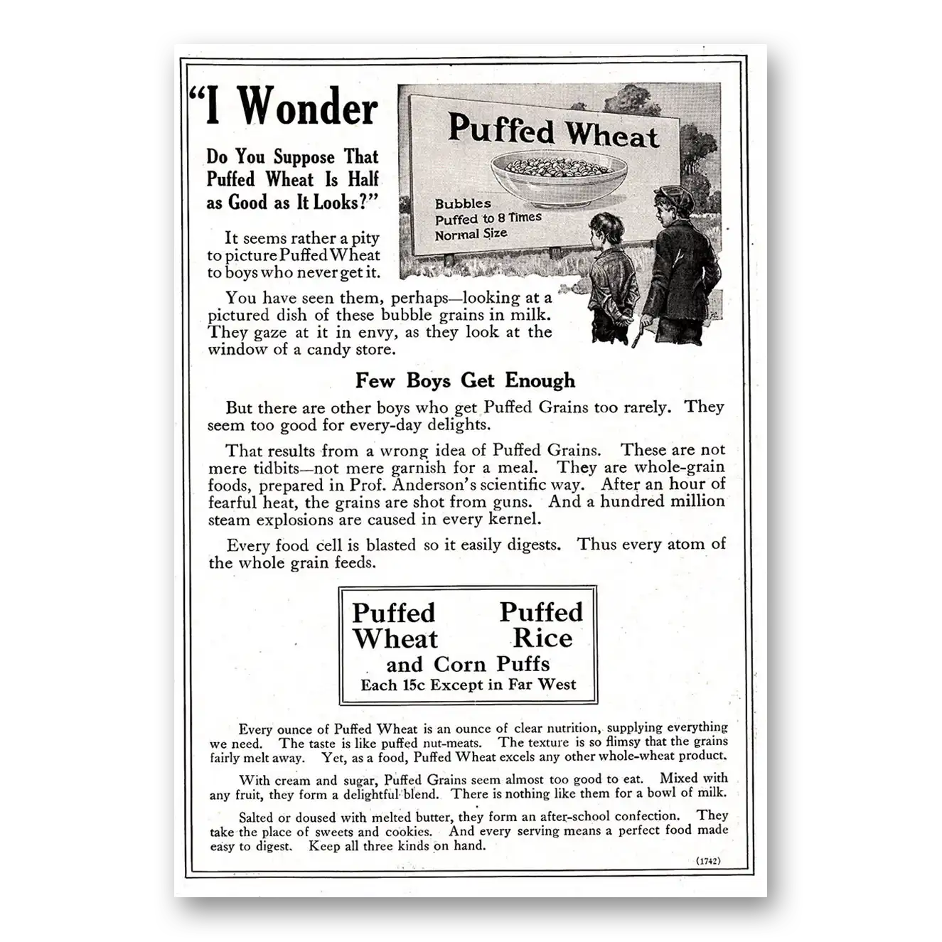 1918 Puffed Wheat I Wonder Half as Good as It Looks Vintage Magazine Print Ad