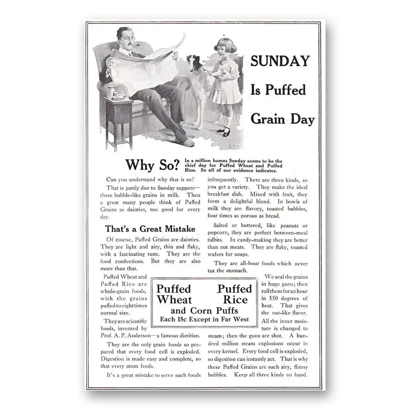 1918 Puffed Wheat Rice Cereal Sunday is Puffed Grain Day Vintage Magazine Print Ad