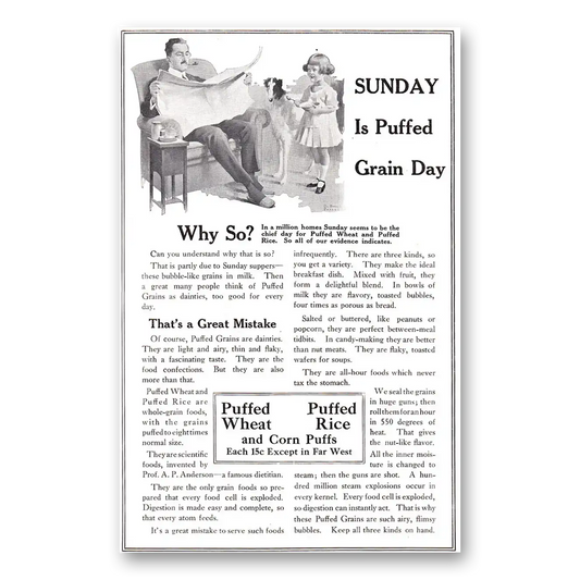 1918 Puffed Wheat Rice Cereal Sunday is Puffed Grain Day Vintage Magazine Print Ad