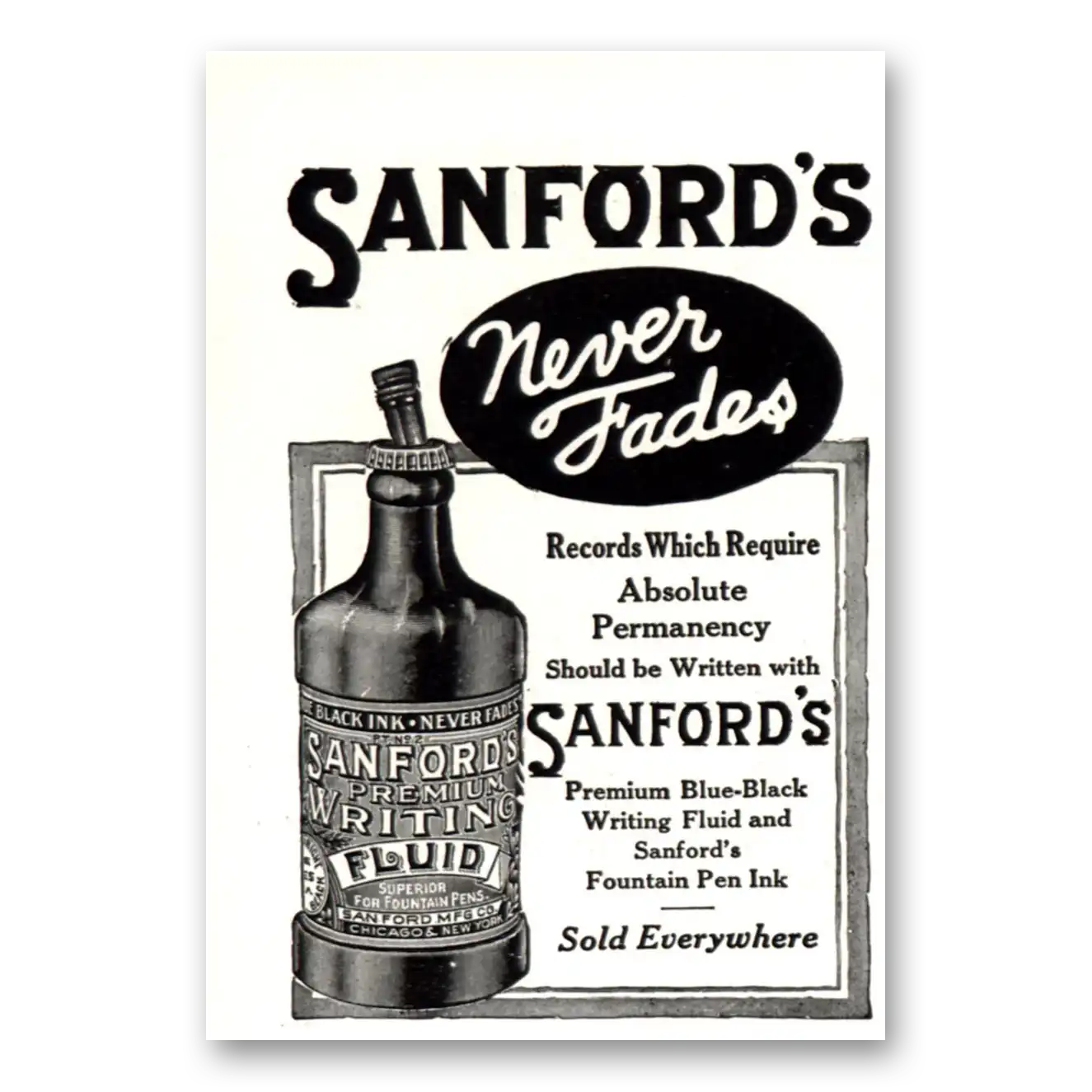 1918 Sanfords Ink Never Fades Absolute Permanency Vintage Magazine Print Ad