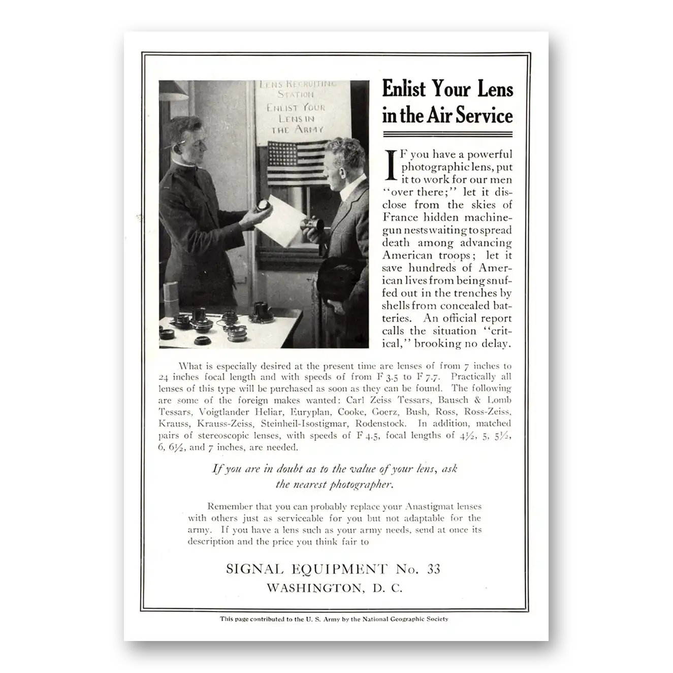 1918 Signal Equipment Enlist Lens In Air Service Vintage Magazine Print Ad