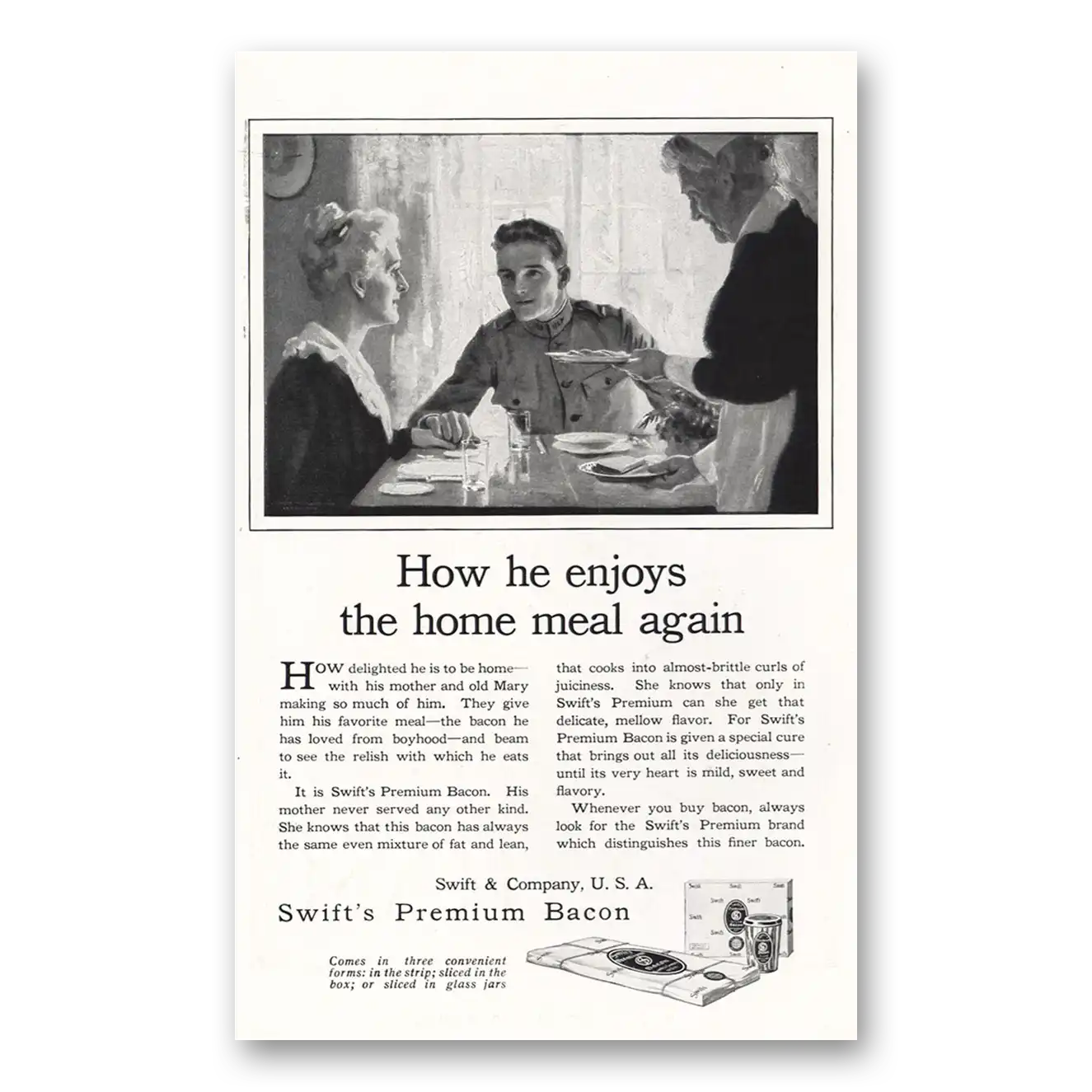 1918 Swift Premium Bacon How He Enjoys the Home Meal Again Vintage Magazine Print Ad