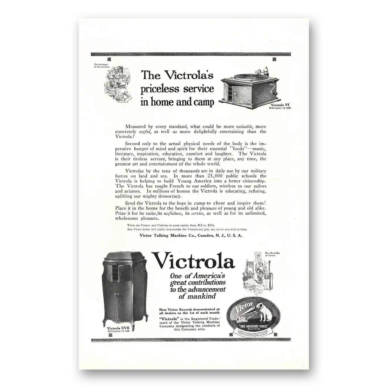 1918 Victrola Priceless Service In Home and Camp Vintage Magazine Print Ad