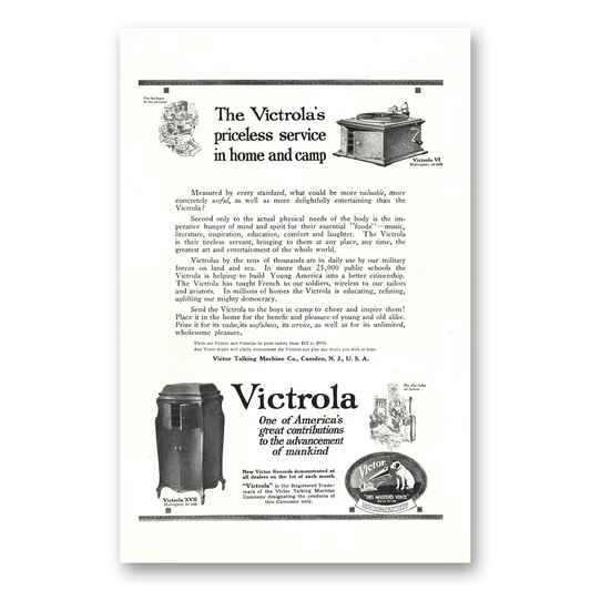 1918 Victrola Priceless Service In Home and Camp Vintage Magazine Print Ad