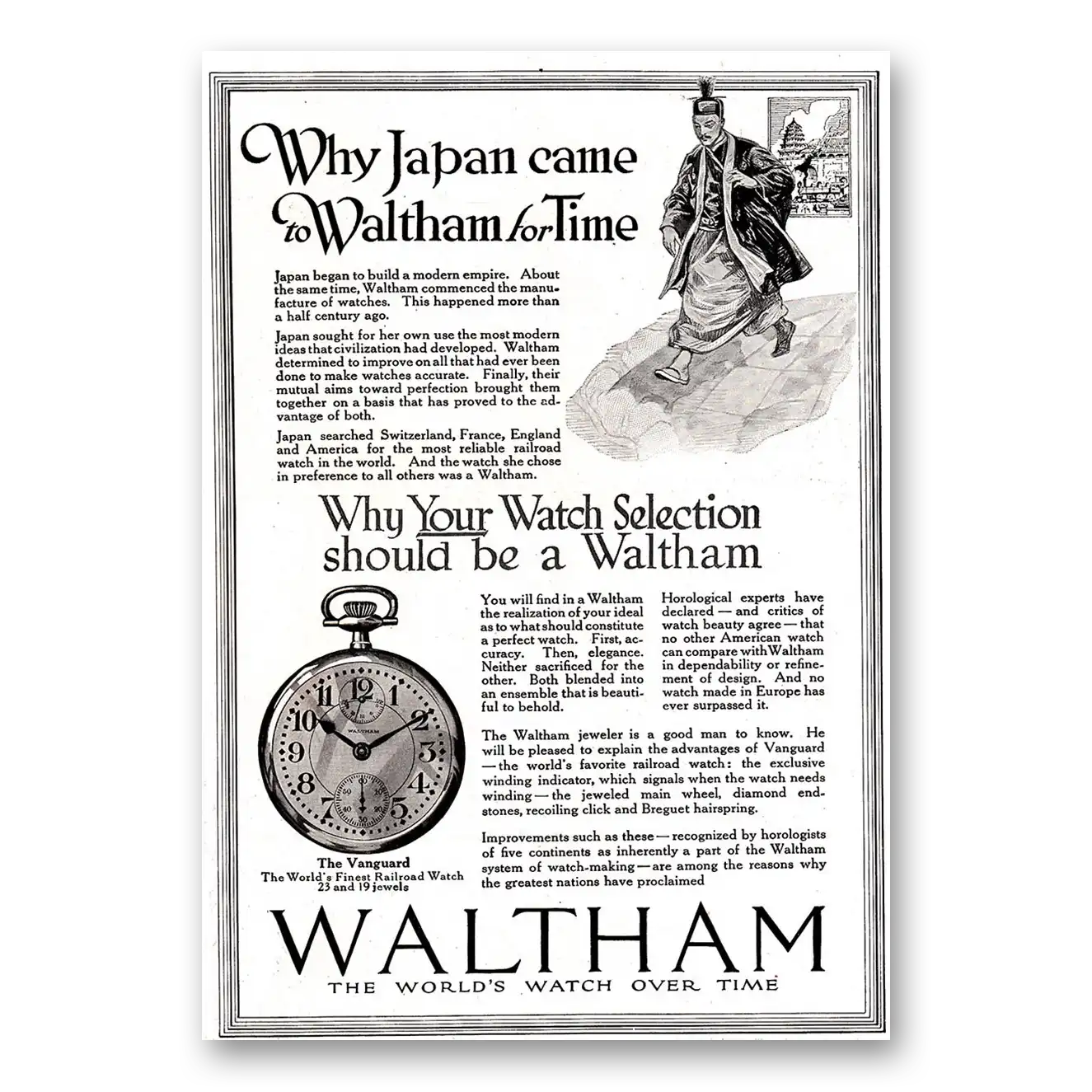 1918 Waltham Watch Why Japan Came to Waltham for Time Vintage Magazine Print Ad