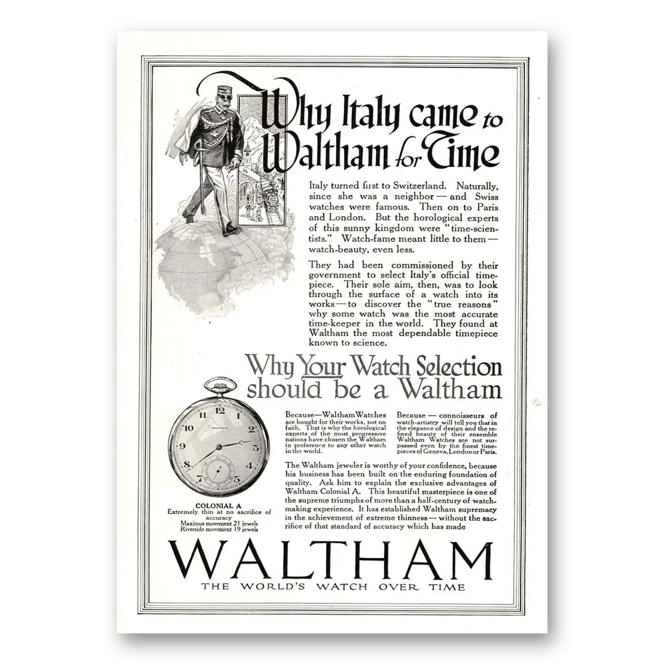 1918 Waltham Watch Italy Came to Waltham for Time Vintage Magazine Print Ad